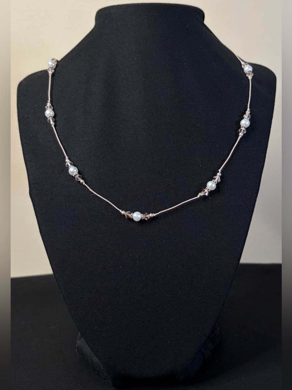 Freshwater pearl, crystal and sterling silver pink cord necklace. - Picture 2 of 12